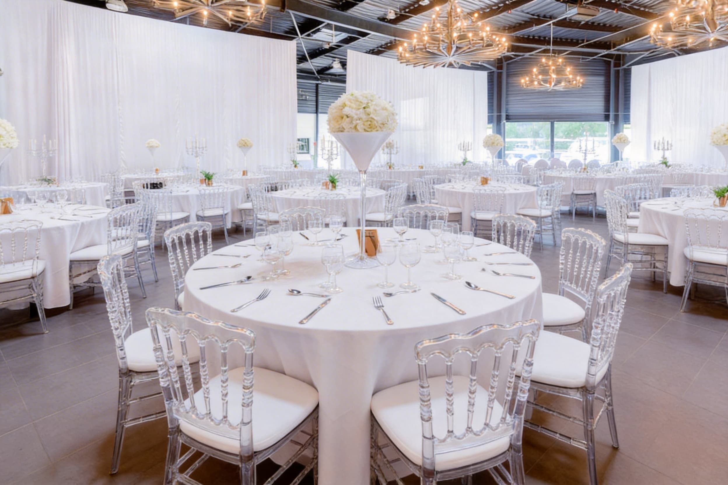 Grande salle dressée avec drapés blancs et lustres