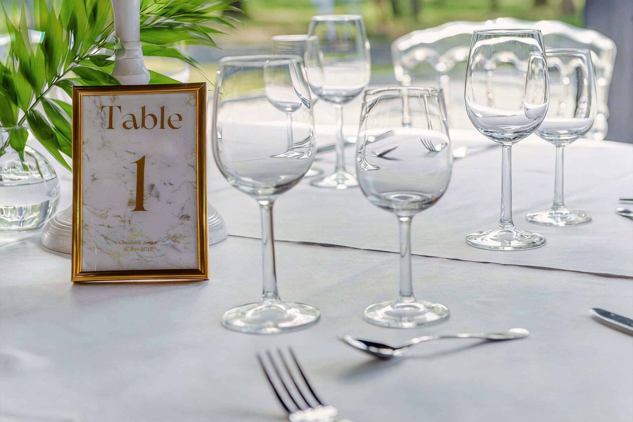 Détail table dressée avec verres et numéro doré